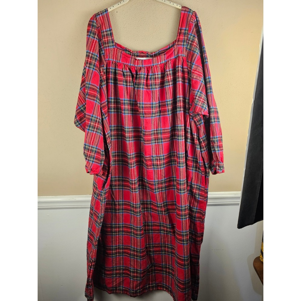 The Vermont Country Store Womens Red Plaif Flannel Nightgown With Pockets 3XL